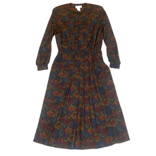 Vintage 90s Talbots Petites 12 Tapestry Floral Midi Dress Pleated Dark Academia