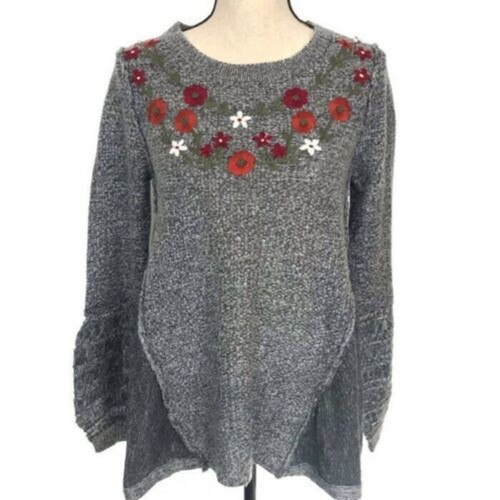 Suéter Knox Rose Bordado Manga Globo Gris Cuello Redondo Floral Mujer Talla XS - Imagen 1 de 10