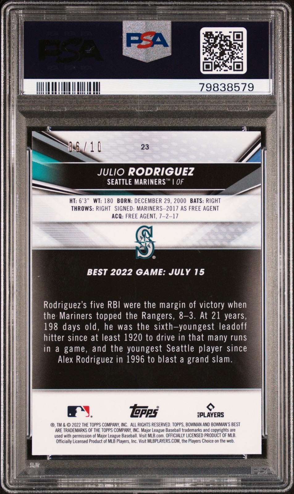 Julio Rodriguez 6/10 PSA 10 RC Rookie Red Refractor 2022 23 Bowmans Best view 2