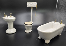 Vintage Porcelain Doll House Bathroom Set w/ Sink, Tub and 2pc Toilet
