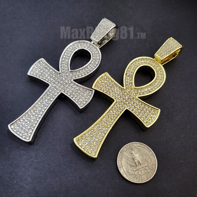 Large Ankh Cross Hip Hop Iced Egyptian Gold plated Cubic Zirconia