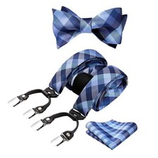 Bow Tie and Suspenders Set for Men Plaid Self-Tie Bowtie with Pocket Square