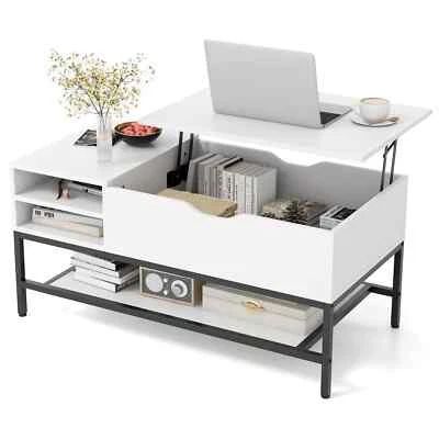 COSTWAY Lift Top Coffee Table Living Room Table w/ Storage Shelf-White - Image 1 of 4