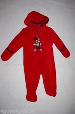 Baby Girls RED MINNIE MOUSE SNOWSUIT Lt Wieght Fleece Pram HOODED Zip Up 0-3 MO