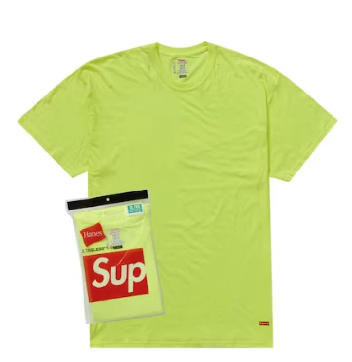 SUPREME / HANES T SHIRTS SANS ÉTIQUETTE (LOT DE 2) JAUNE FLUORESCENT SS23 néon   Taille LARGE