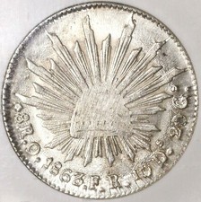 1863-O FR NGC MS 62 Mexico 8 Reales Oaxaca Mint Scarce Silver Coin (20070401C)