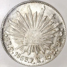 1863-O FR NGC MS 62 Mexico 8 Reales Oaxaca Mint Scarce Silver Coin (20070401C)