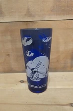 Colbalt Blue Cocktail Shaker Glass Bottom With Windmills, Clouds & Birds. No Lid