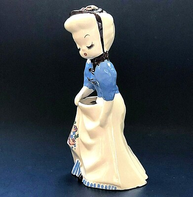 Bud Vase Woman Figurine Floral Skirt Hat Bows Expressive Face Vintage Ceramic