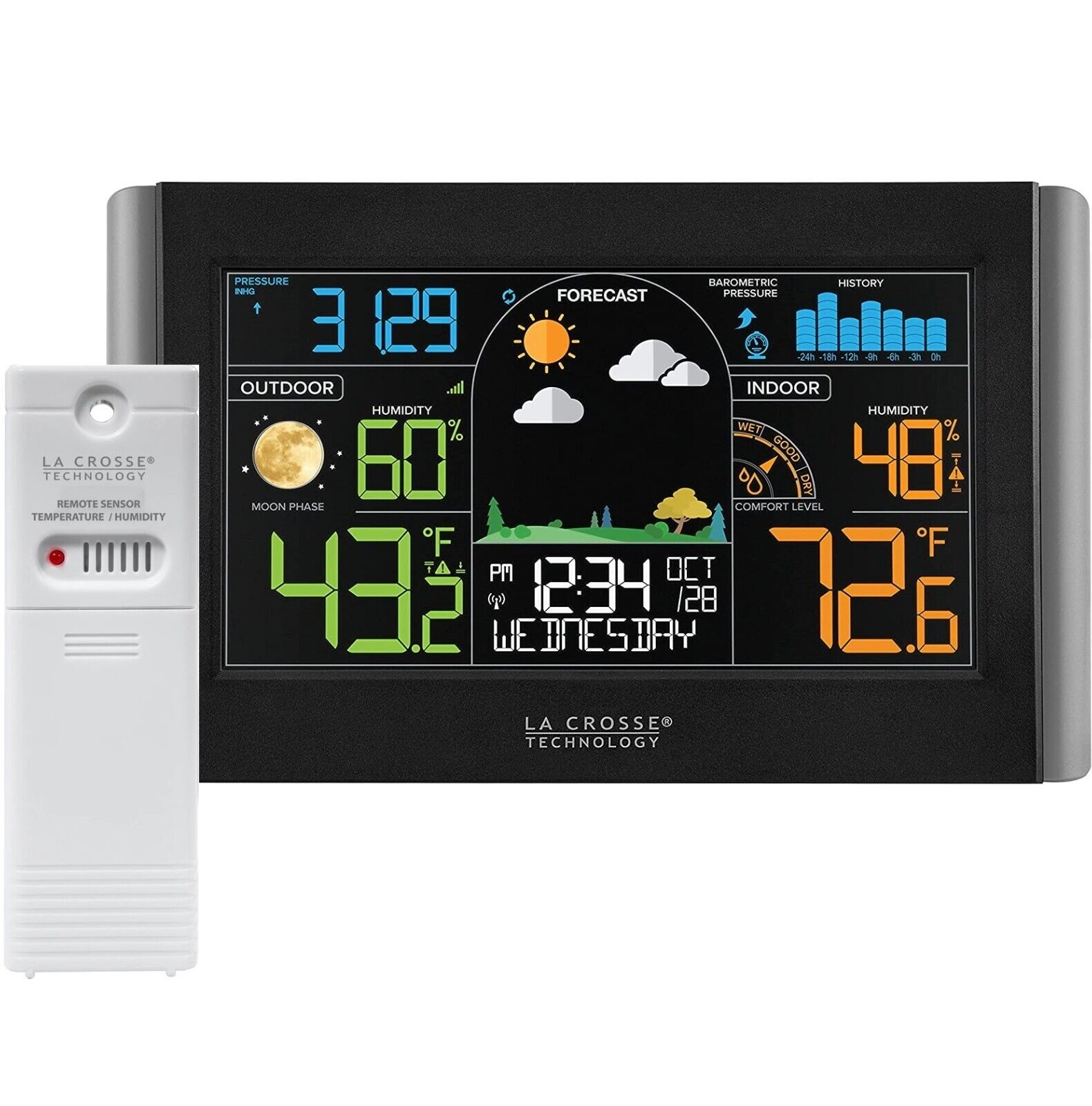 Weather Station Wireless Indoor Outdoor, 12h Weather Forecast with 1 Outdoor  Sensor, Temperature Humidity Monitor Gauge with Weather Clock, HD Color  Large Screen, Backlight, Snooze Mode 