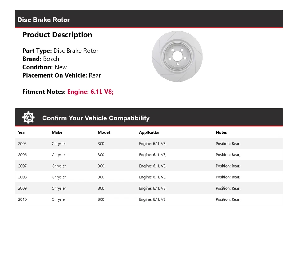 Rotor de freno de disco trasero 2006 para Chrysler 300 2005-2010 6,1 L V8 Bosch QuietCast Foto 2 de 4