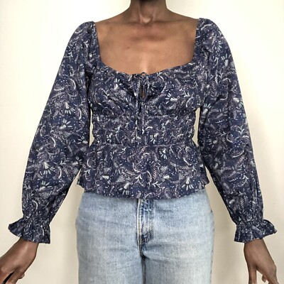 NWT Lucy Paris Square Neck Blouson Sleeve Smocked Dark Floral Print Size  Medium