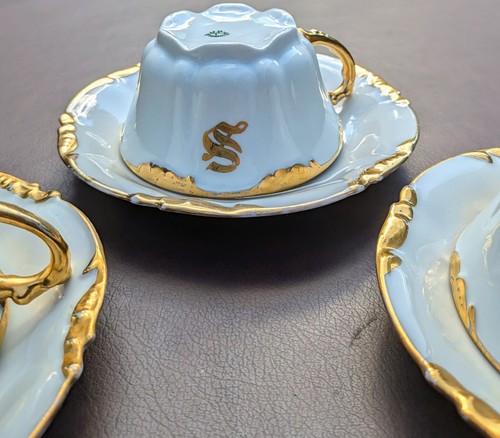 Gold on White 3 Cups & 3 Saucers Early 1900's J.P.L France "S" Monogram Mint Co - Picture 13 of 24