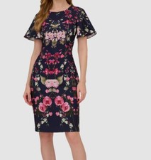Adrianna Papell Women's Blue Floral-Print Elbow-Sleeve Crepe Dress Size 0