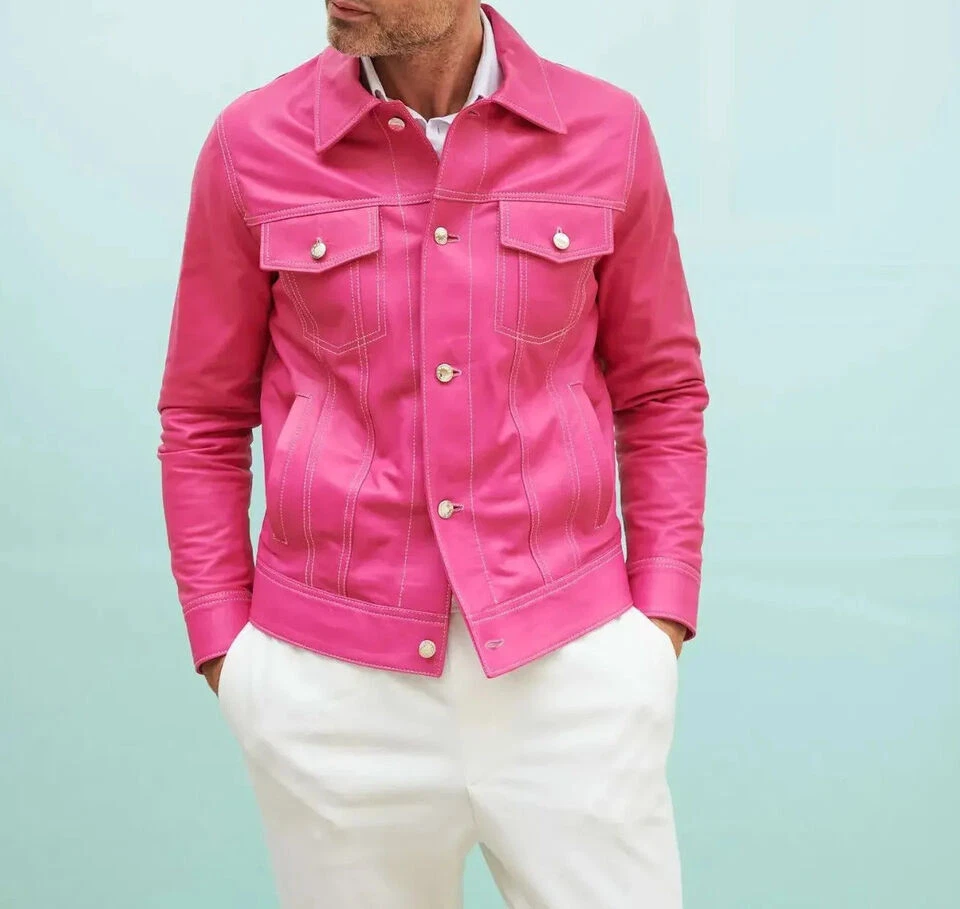 Men's Pink Leather Trucker Jacket Western Style Denim Coat Button  Shirt Jacket