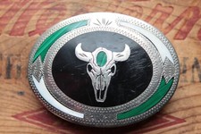 Vtg Johnson Held Handmade Buffalo Skull Malachite Inlay Belt Buckle