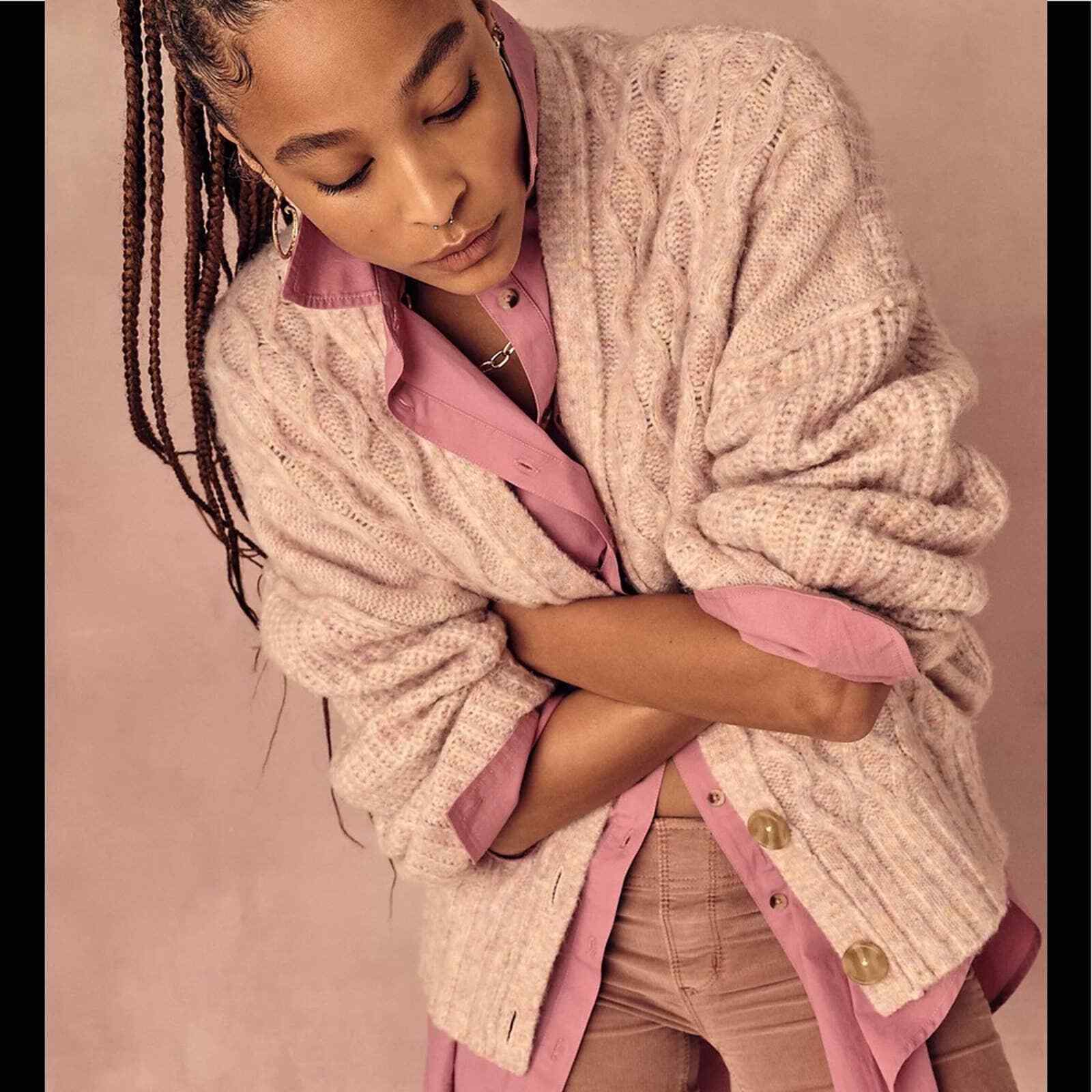 Free People Blush Mauve Milk Chocolate Molly Cable Cardigan Sweater Small |  eBay