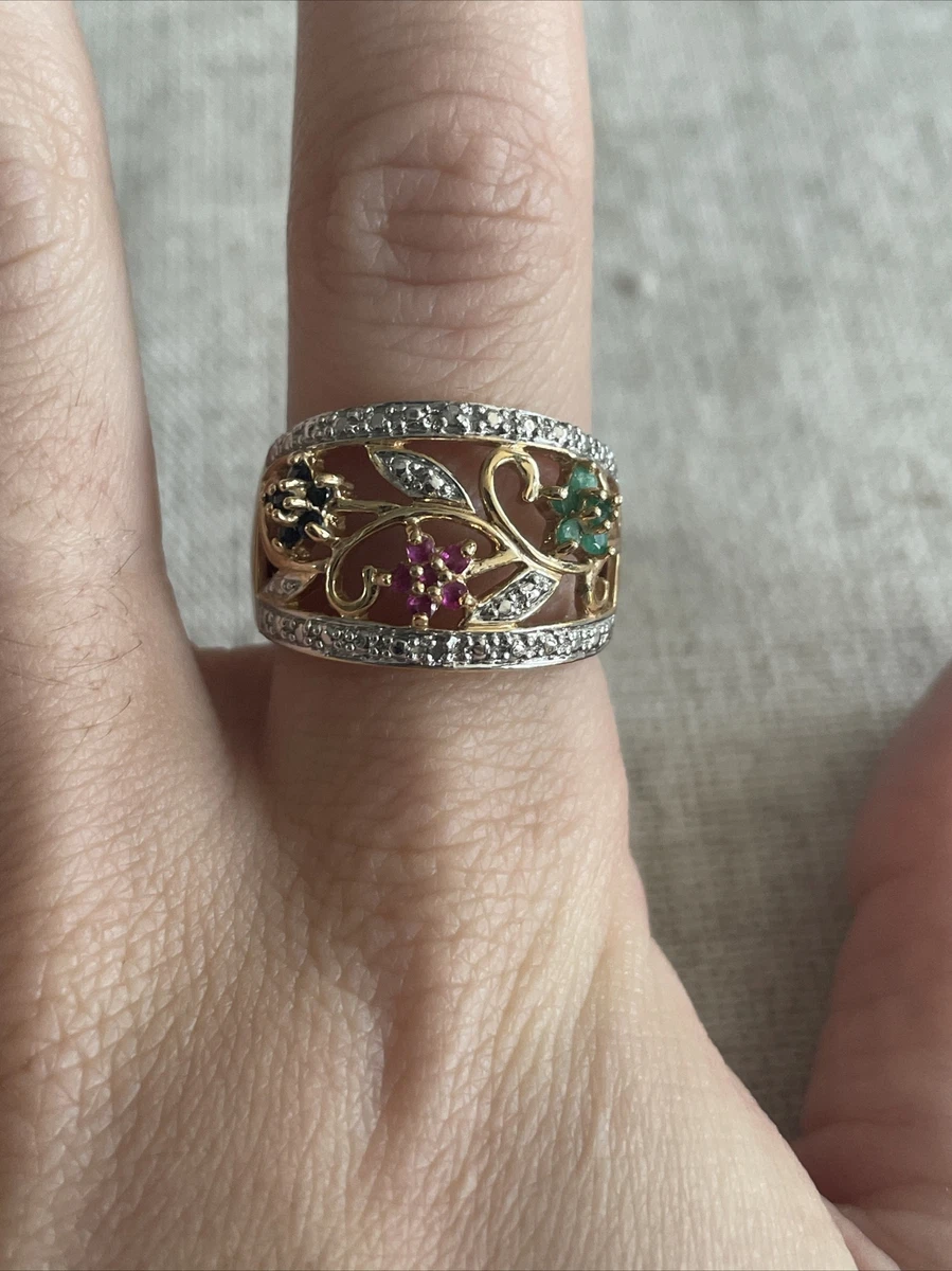 Gold Tone Sterling Silver Ruby Emerald Sapphire Flower Vine Ring 8 7585