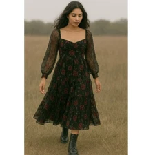 Y2K Velvet Burnout Milkmaid Dress XS Whimsigoth Sheer Puff Sleeves Witchy Boho