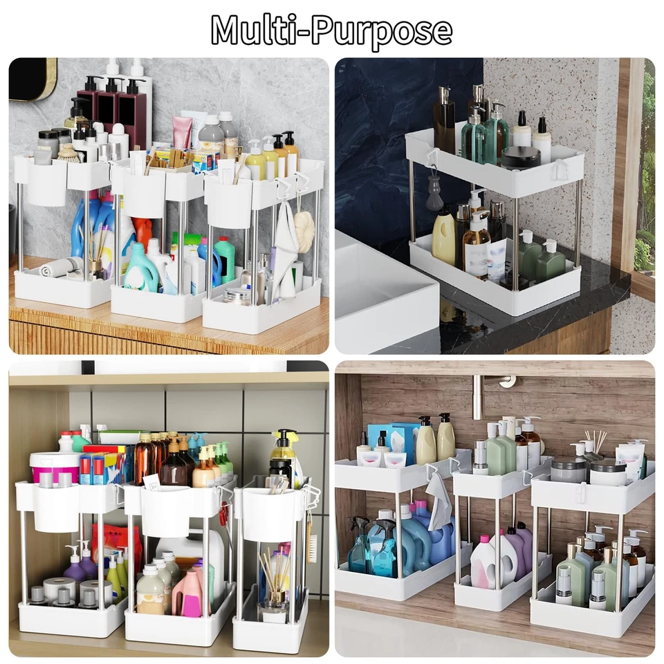 Paquete de 3 organizadores y almacenamiento debajo del fregadero, organizador de gabinete de baño de 2 niveles nuevo Foto 2 de 4