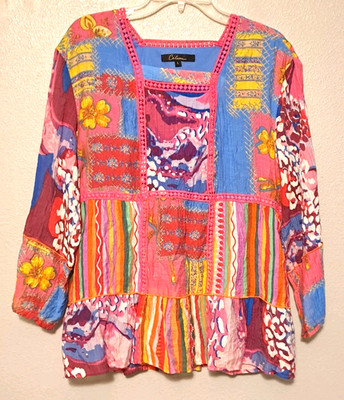 Calessa Womens Top L Multicolored Mixed Media Lace Lined Long Sleeve Boho Hippie