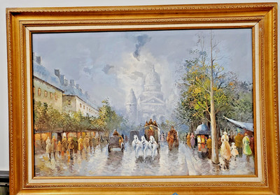 Oversized DeVity Original Oil Painting Paris Montmartre Sacre Coeur 48 x24  L53