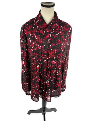 Coldwater Creek Womens M Black Red Pink Floral Pleated Button Front