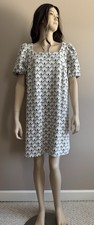 LOFT Geometric Shift Dress M Ivory Black Puff Short Sleeve Square Neck Textured