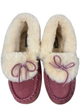 Lands End Suede Moccasin Slippers With Faux Shearling Lining Size 8M Pink  Crea
