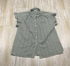 Max Studio Womens Size XL Button Up Olive Green White Check Gingham Top