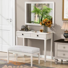 Modern White Vanity Desk (Mirror, Stool, 2 Drawers, Home Office Use)