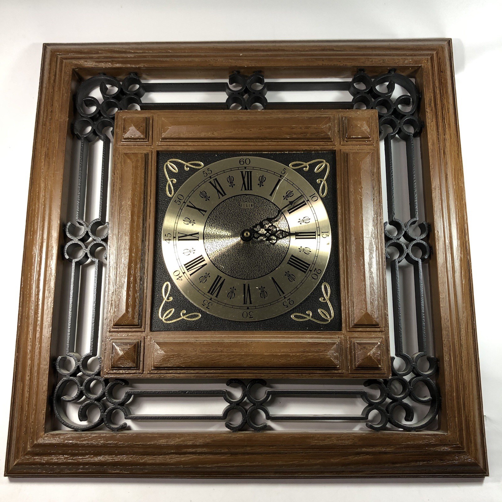 Vintage Welby Wall Clock Faux Wood Wrought Iron Battery Quartz 20" x 20"