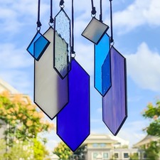 Geometric Stained Glass Suncatcher Set, Blue Purple Modern Stained Glass Wind...