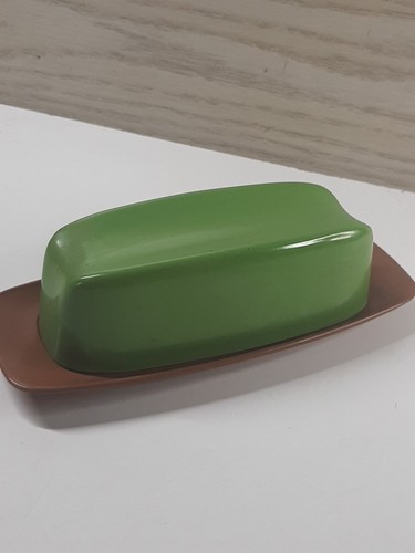 Plato de mantequilla de plástico verde y marrón aguacate vintage MCM - Imagen 7 de 9