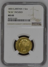 1855 Britain Full Sovereign 0.9170 Fineness Gold 7.9881g W. W. INCUSED NGC MS 60