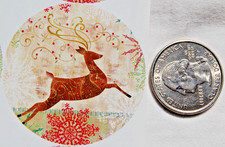 set 12 stickers round envelope seals Christmas leaping deer reindeer scroll snow
