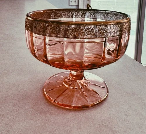 Rare Tiffin Pink Depression Glass Footed Bowl Candy Dish Gold Franciscan Rose