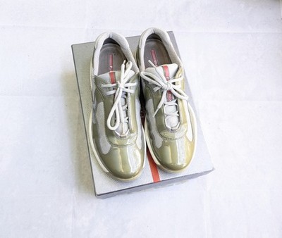Prada America's Cup Sneakers Olive Green Patent Leather Men US 9.5