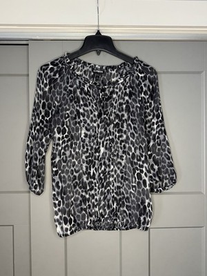 Express Black and Gray Leopard Animal Print 3/4 Sleeve Sheer Blouse Sz S
