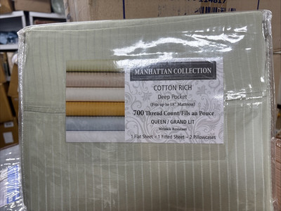 QUEEN SHEET SET 700 CT MANHATTAN COLLECTION GREEN PIN STRIPE BRAND NEW BEAUTIFUL