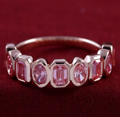 1.80 Ct Diamond Half Eternity Ring 14K RG Pink Emerald & Oval Cut Lab Grown
