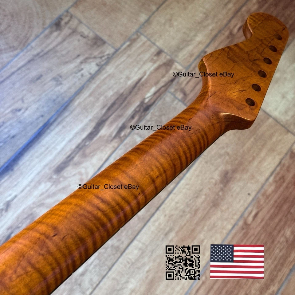 Roasted Flame Maple Stainless Fret Rosewood Strat Neck Nitro Fit Warmoth SR22G - Image 2 of 4