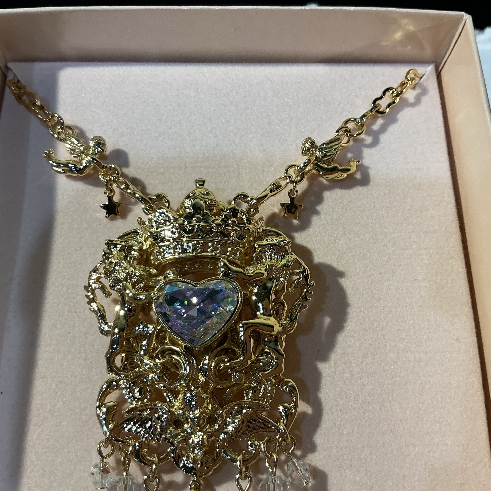 Kirks Folly QVC Medieval Gold Tone AB Crystal Heart Dangle Pin Brooch Necklace