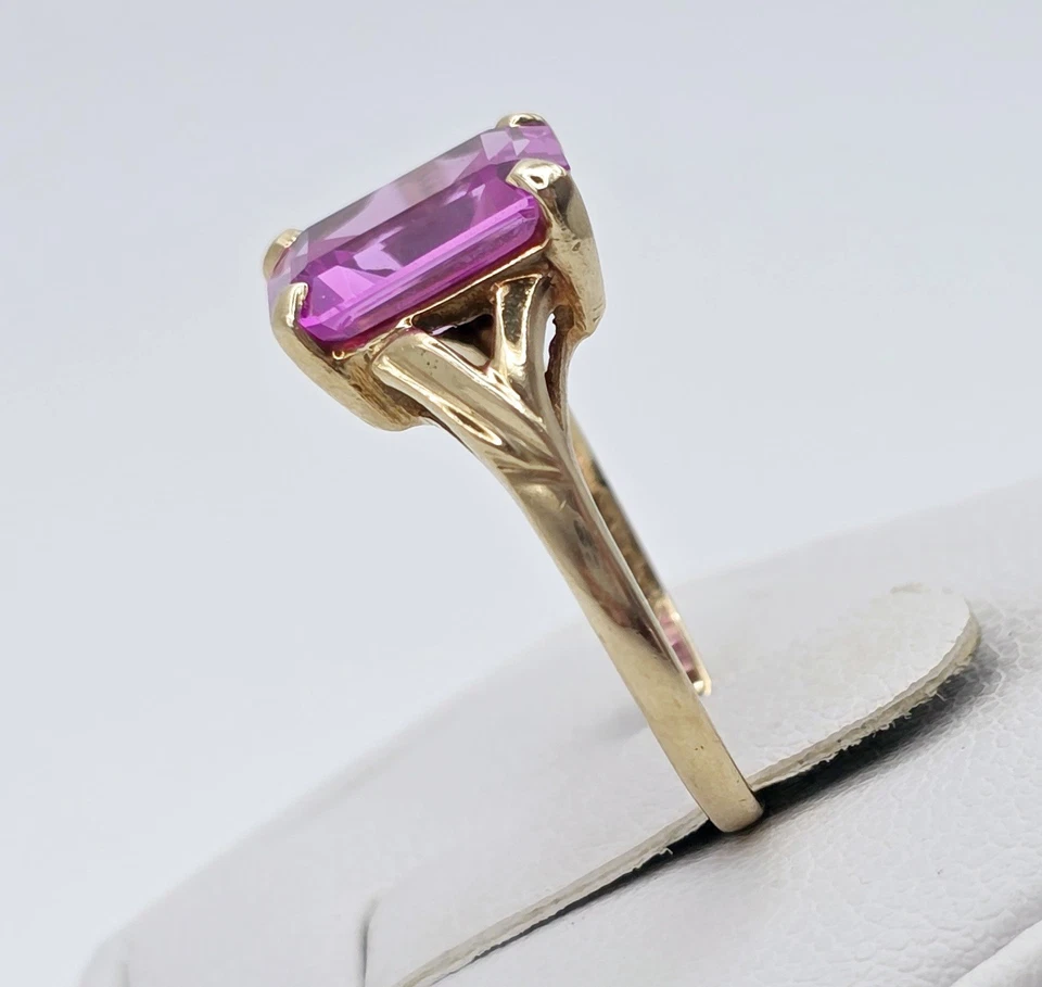 Anillo Vintage Abedules Oro 10k Zafiro Rosa Corte Esmeralda Art Deco Antiguo Talla 6.25 Foto 3 de 4