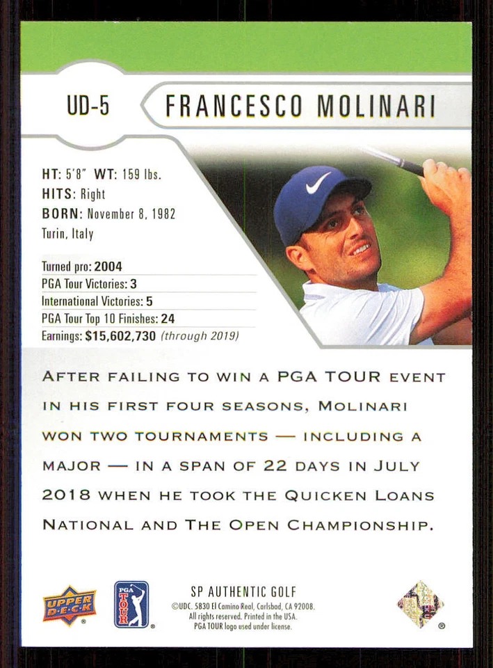 2021 SP Authentic Upper Deck #UD5 Francesco Molinari - Image 2 of 2