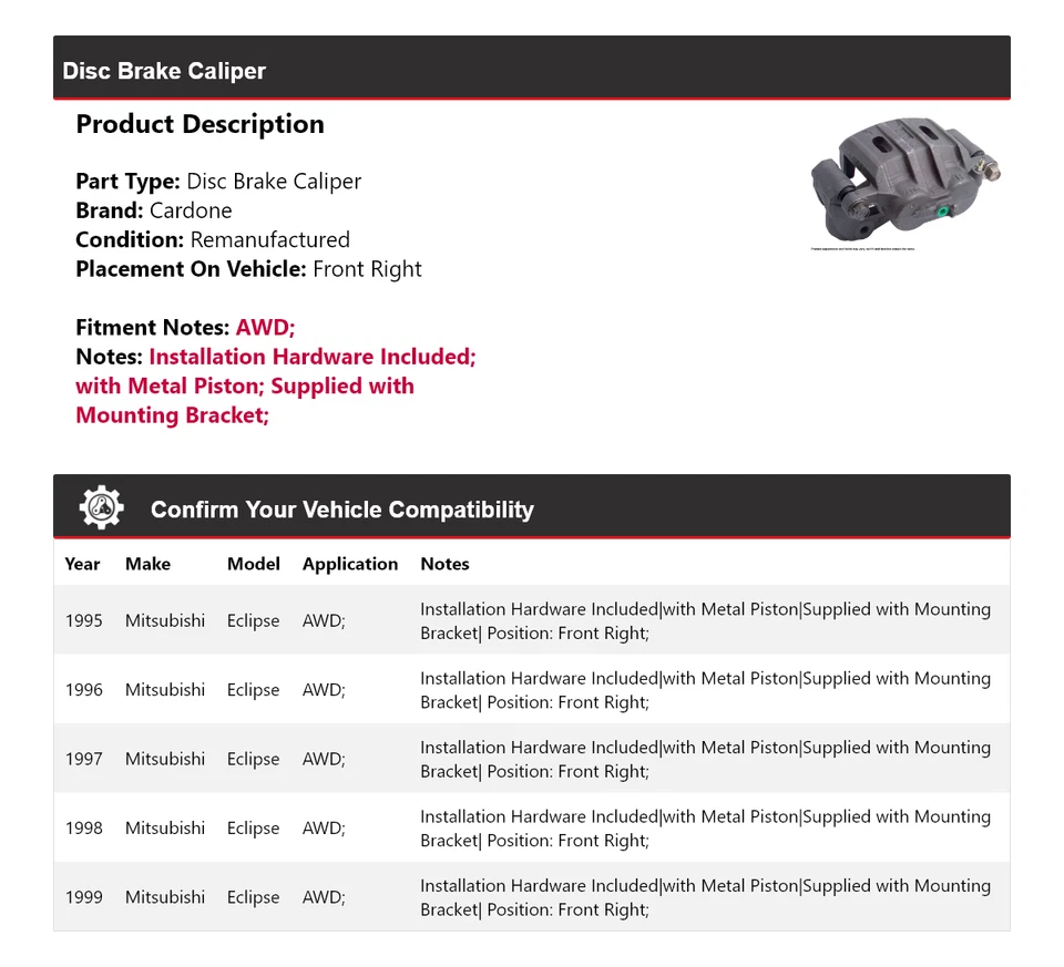 Pinza de freno de disco delantera derecha Cardone 1996 para Mitsubishi Eclipse AWD 1995-1999 Foto 2 de 4