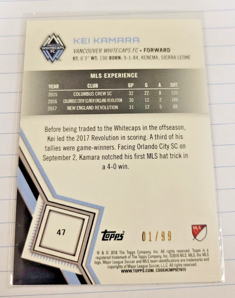 2018 Topps MLS Soccer Blue Parallel #01/99 Kei Kamara - Image 2 of 2
