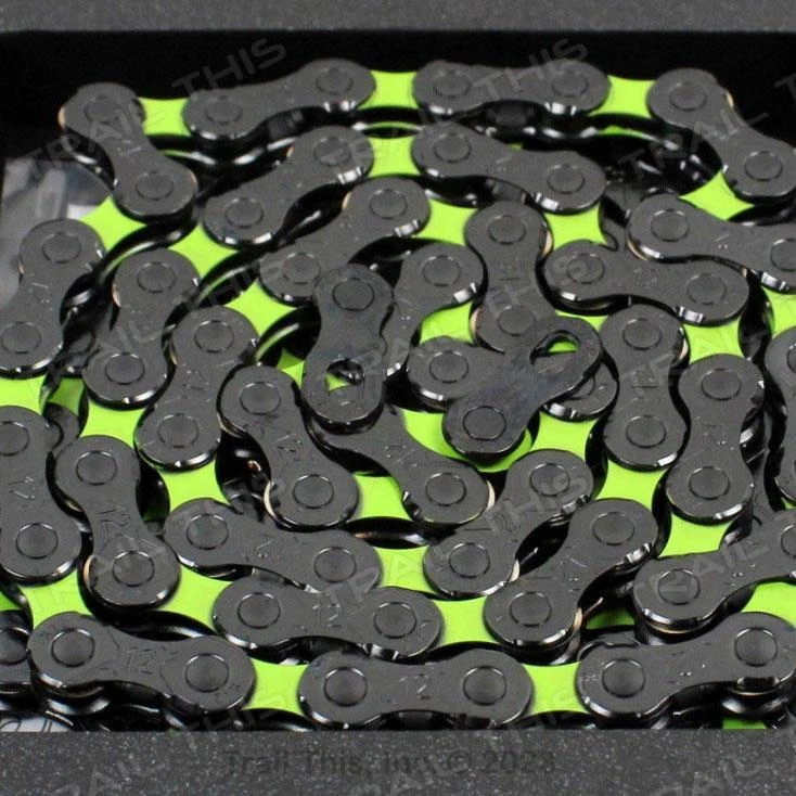 Cadena de bicicleta KMC DLC 12 velocidades negra y verde 126 eslabones X12 para MTB de carretera SRAM Shimano Foto 3 de 4