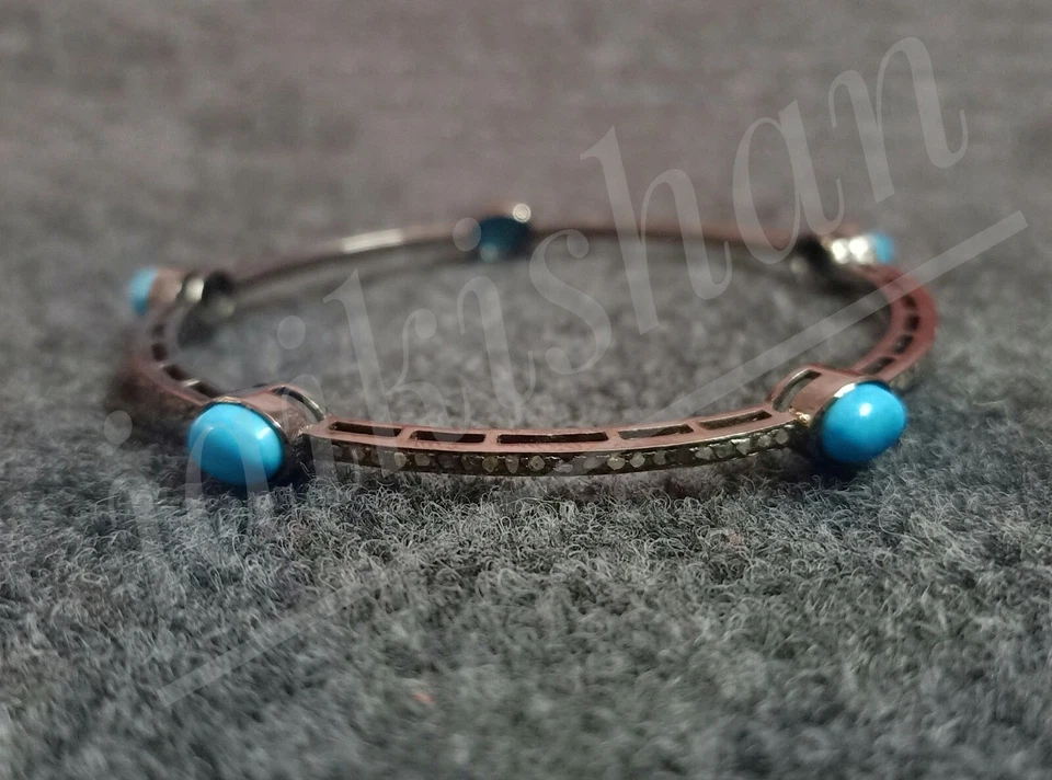 Turquoises Gemstone Bangle Oxide 925 Sterling Silver Pave Diamond Bracelet Gift - Image 2 of 4