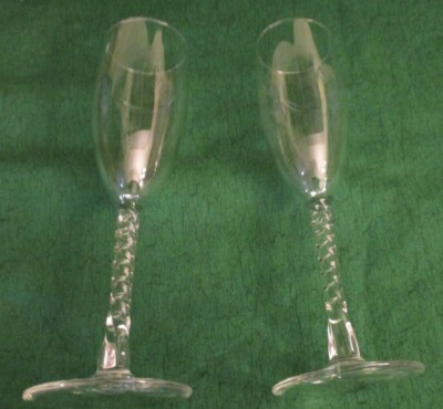 Set of 2 Libby's Clear Champagne Flutes - Glasses have Spiral Stems 8 1/4''